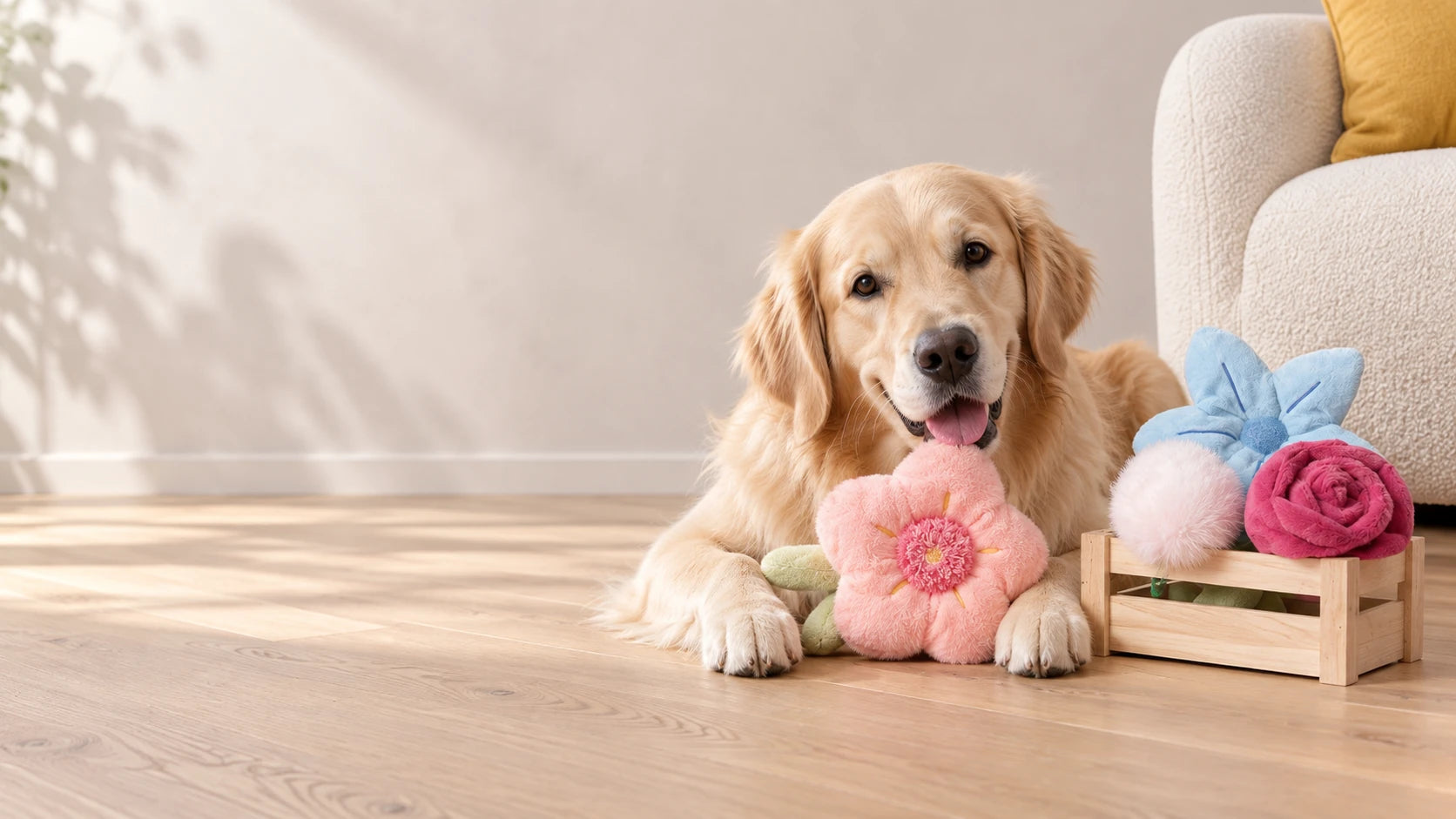Golden retriever with PETSVILLE flower plush toys in a sunlit home, AI campaign concept
