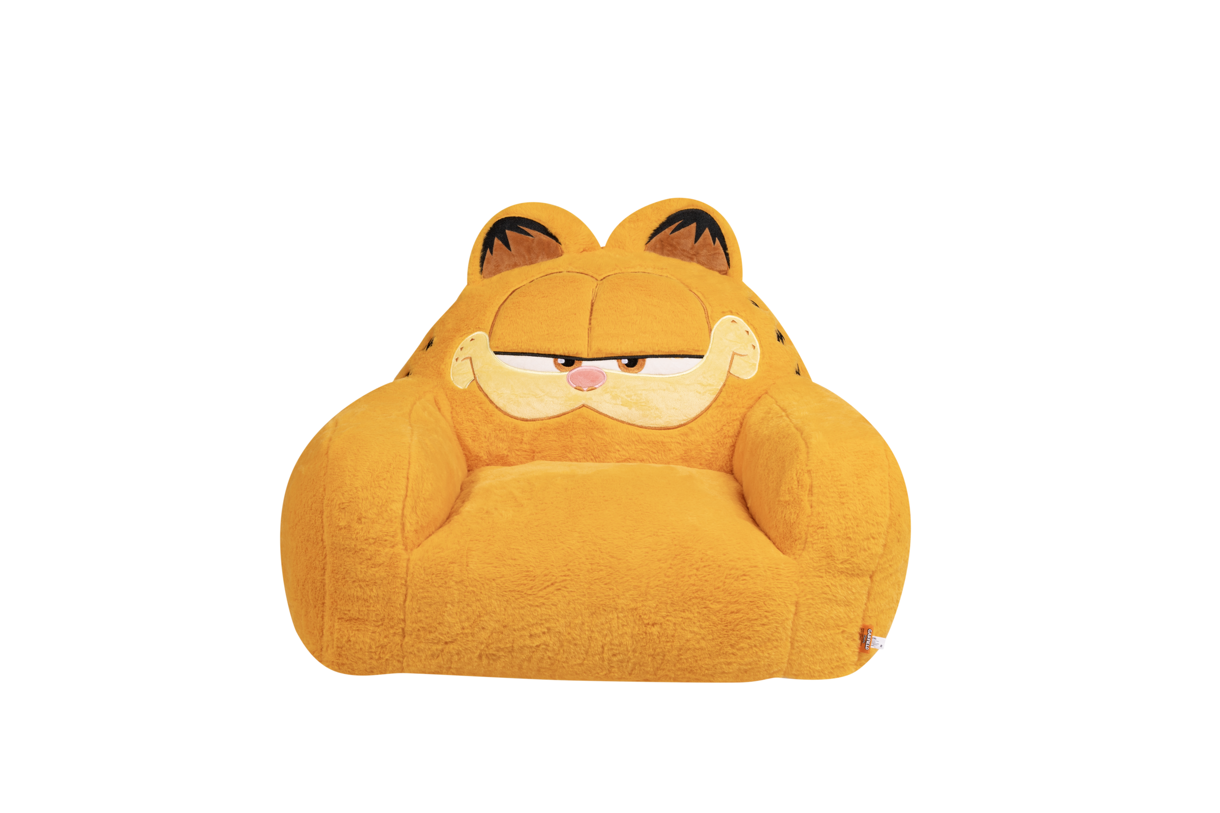 Garfield character sofa bed with orange plush arms, ears and an embroidered face