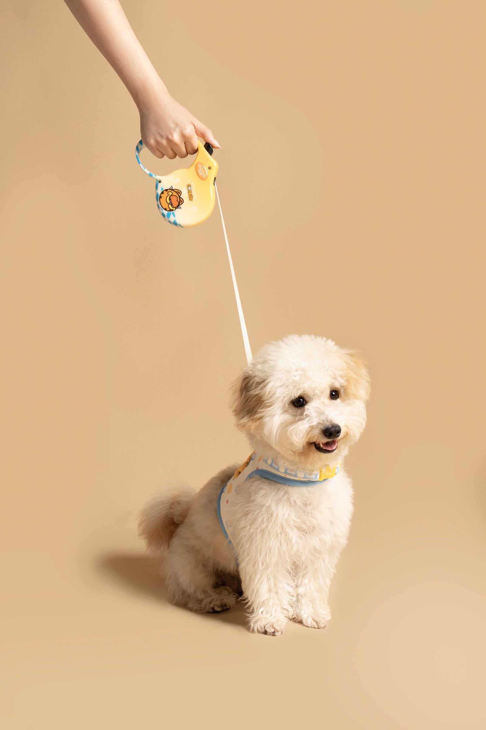 Small dog beneath a Garfield-themed retractable leash held against a tan background